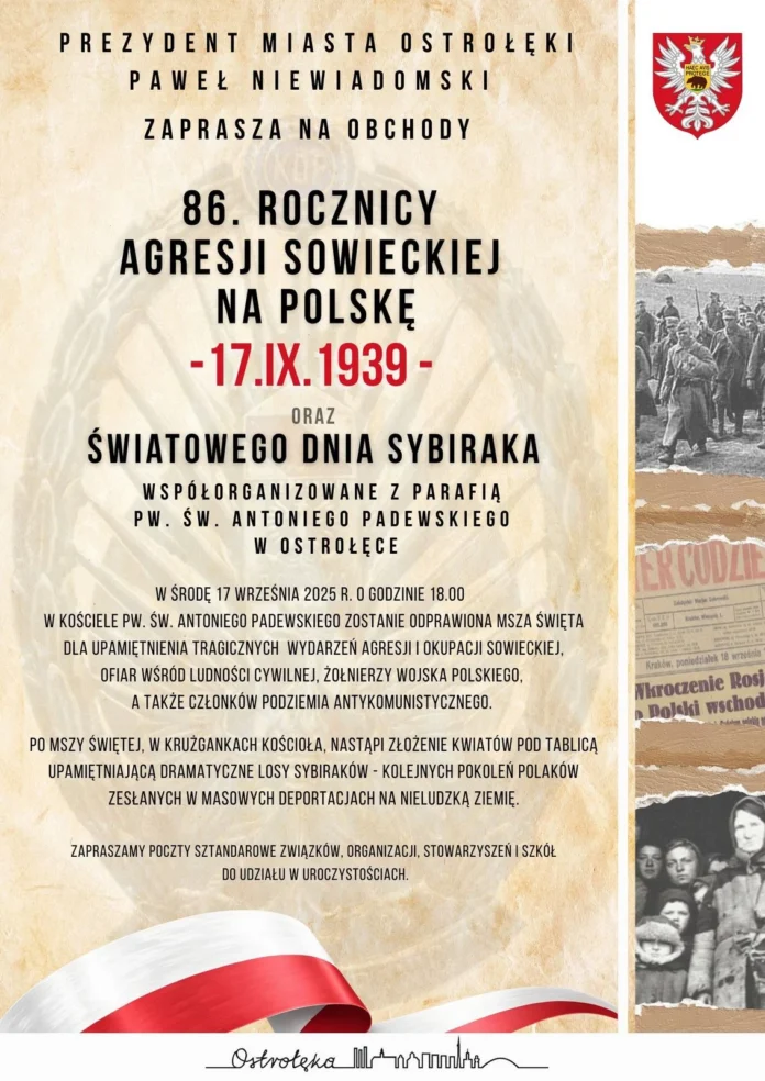 zaproszenie prezydenta miasta ostroleki na obchody 86 rocznicy agresji sowieckiej na polske oraz swiatowego dnia sybiraka