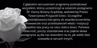 Podziękowania za udział w pożegnaniu świętej pamięci Hanny Grądzkiej tekst akapitu 1